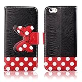 Yakamoz Lovely Cute Black Red Bow Bowkot Polka Dot Leather Flip Wallet Stand Case with Card Slots for Apple Iphone 6 4.7 Inch with Free Screen Protector & Stylus Pen