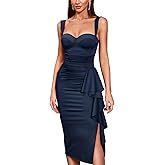 CurvySweet Women's Formal Evening Midi Cocktail Dress Built-in Bra Ruched Sleeveless Slit Ruffle Fall Wedding Guest Dresses