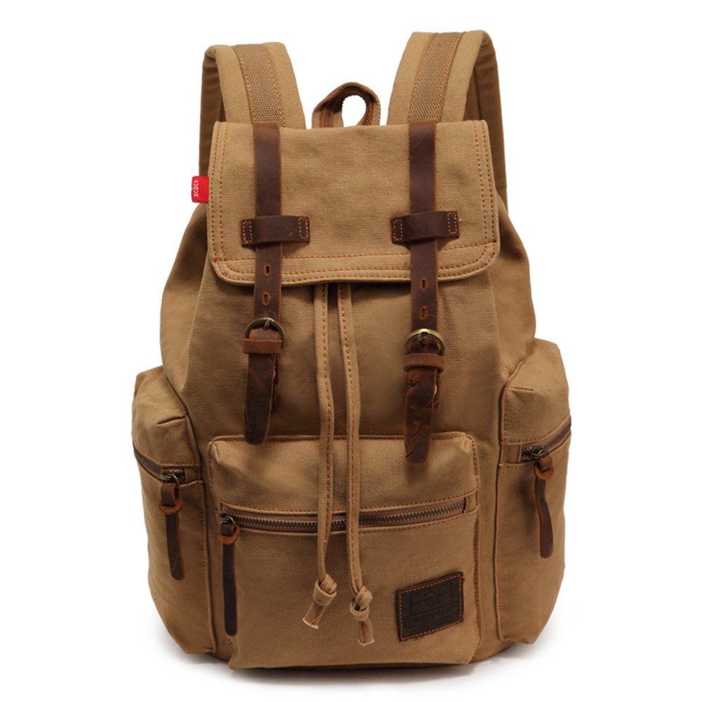 YUHAN Canvas Backpack Unisex Vintage Casual Rucksack Laptop Daypacks MacBook Bag Schoolbag Student Bookbag Satchel Hiking Camping Bag Khaki