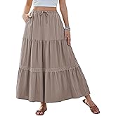 DJT Women's Boho Elegant Lace Trim Swing Tiered Maxi Skirt High Waisted Tie A Line Flowy Long Skirts with Pockets