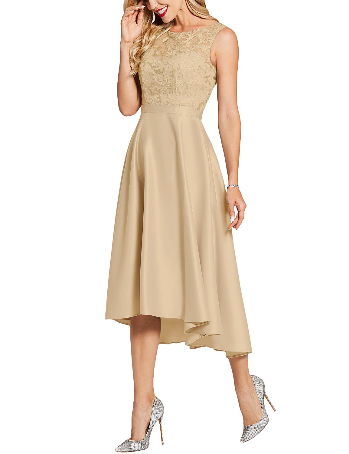 Lafee Bridal High Low Lace Bridesmaid Dresses ALine Satin Cocktail