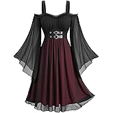 ROSE GAL Plus Size Women Halloween Costume Medieval Gothic Cold Shoulder Bell Sleeves Chiffon Swing Witch Dress