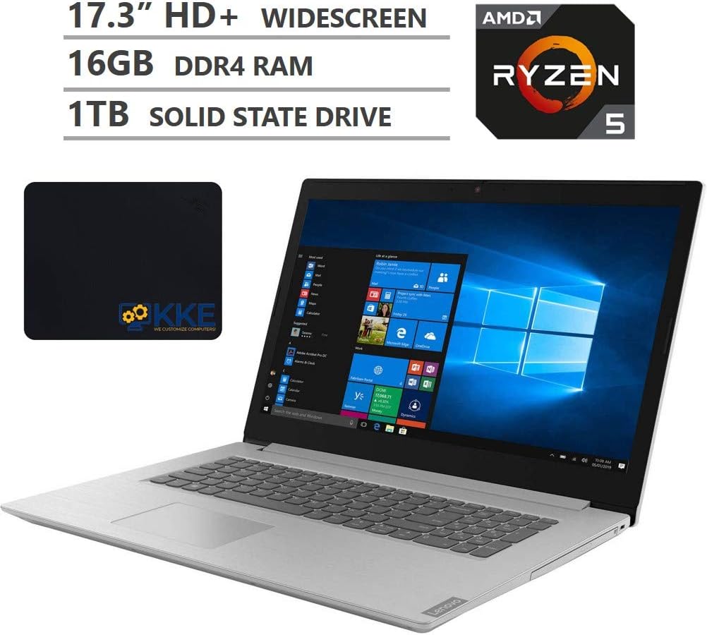 2020 Newest Lenovo Ideapad L340 Laptop, 17.3" HD+ Screen, AMD Ryzen 5 3500U Quad-Core Processor, 16GB DDR4 RAM, 1TB Solid State Drive, DVD, HDMI, WiFi, Bluetooth, Windows 10 Home, Grey, KKE Mousepad