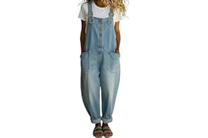Women's Y2k Denim Bib Overall Pants U Neck Button Front Wide Leg Jean Jumpsuits Vintage Loose Casual Romper