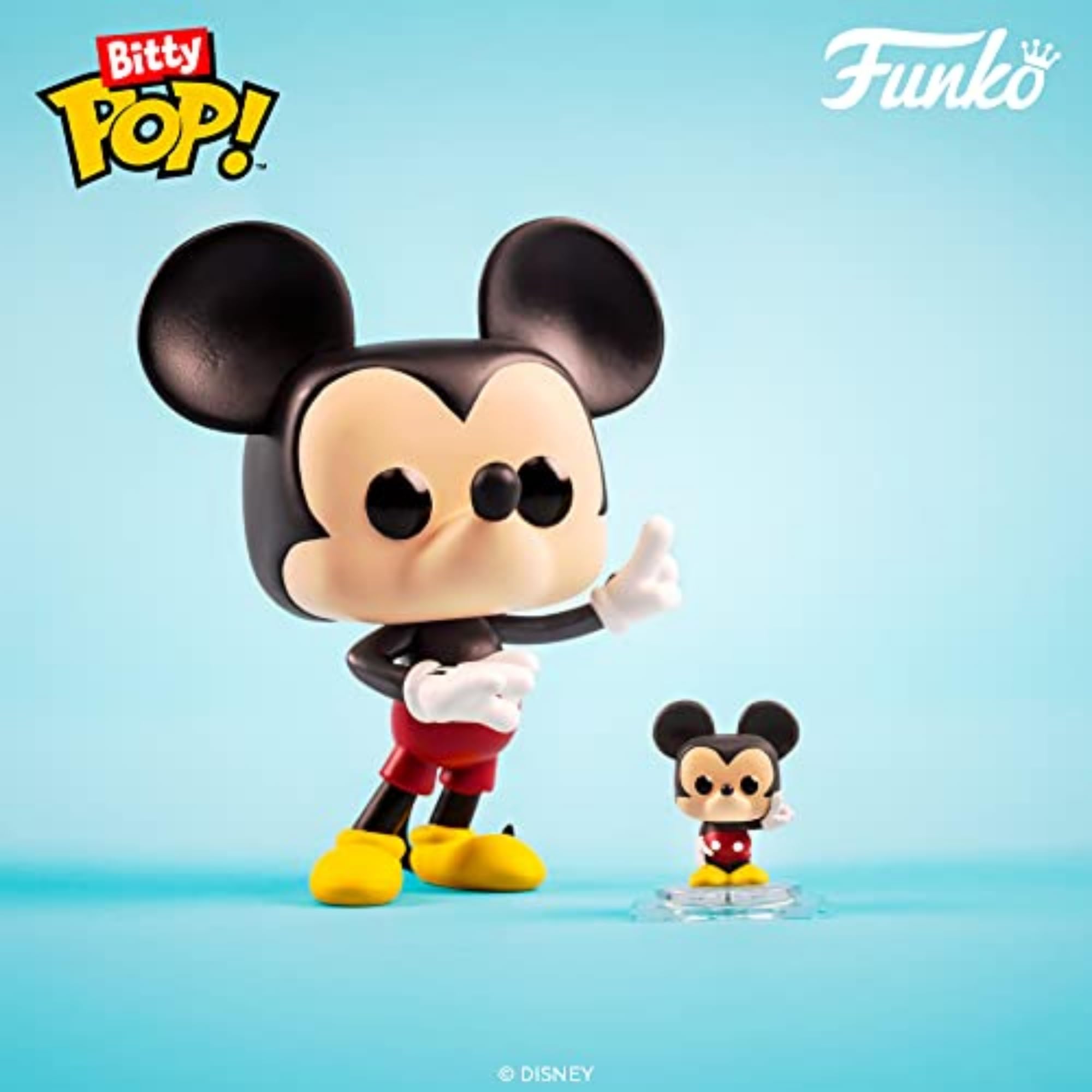 Funko Bitty POP! Disney - Mickey, 4-Pack - Mickey Mouse, Minnie Mouse (Pink Dress), Pluto and A Surprise Mystery Mini Figure - 0.9 Inch (2.2 Cm) Collectable - Stackable Display Shelf Included