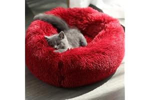Geizire Cat Bed Dog Bed for Cats, Small/Medium Dogs, Washable Donut Calming Round,Soft Fluffy Warm and Cozy Anti Anxiety Cuddler, Joint-Relief Pet Bed (Medium, red)