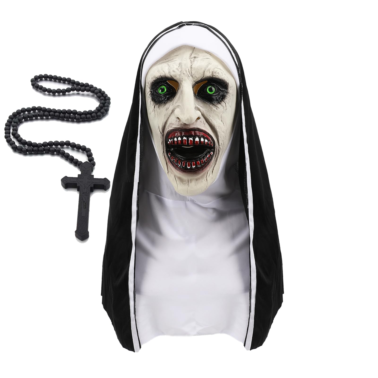 AENEY Scary Nun Full Head Mask, Creepy Halloween Nun Headpiece Costume Cross Necklace, Cosplay Party Gothic Accessories (Style-3)
