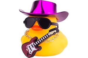 CoFuBcad Car Yellow Rubber Duck, Duck Dashboard Decoration with Cowboy Hat Necklace Sunglasses Mini Musical Instrument for Car Dashboard Decorations (ROSEO-Hat)