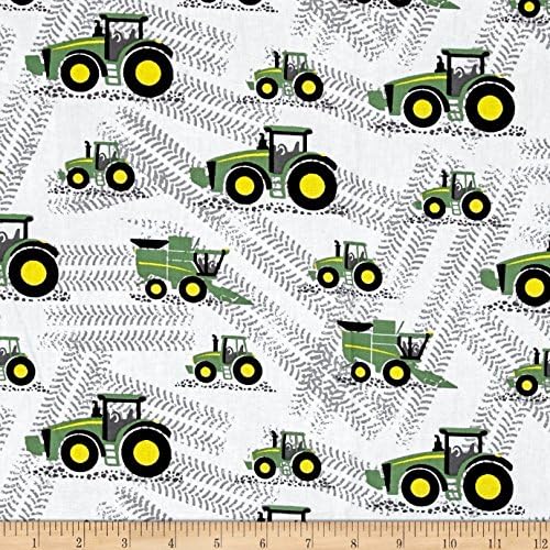 1/2 Yard - "Little Farm" John Deere Tractors Tossed on White Cotton Fabric - Officially Licensed (Great for Quilting, Sewing, Craft Projects, Throw Blankets &amp; More) 1/2 Yard X 44"
