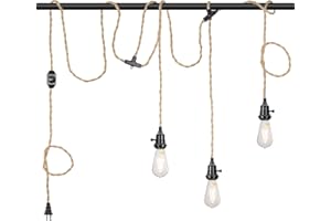 FANDBO Pendant Light Cord Kit with Dimmer Switch, 28.5ft Dimmable Plug in Hanging Light with Triple E26 Base Light Socket, Vintage Twisted Hemp Rope Farmhouse Hanging Light Fixture for Bedroom Living Room