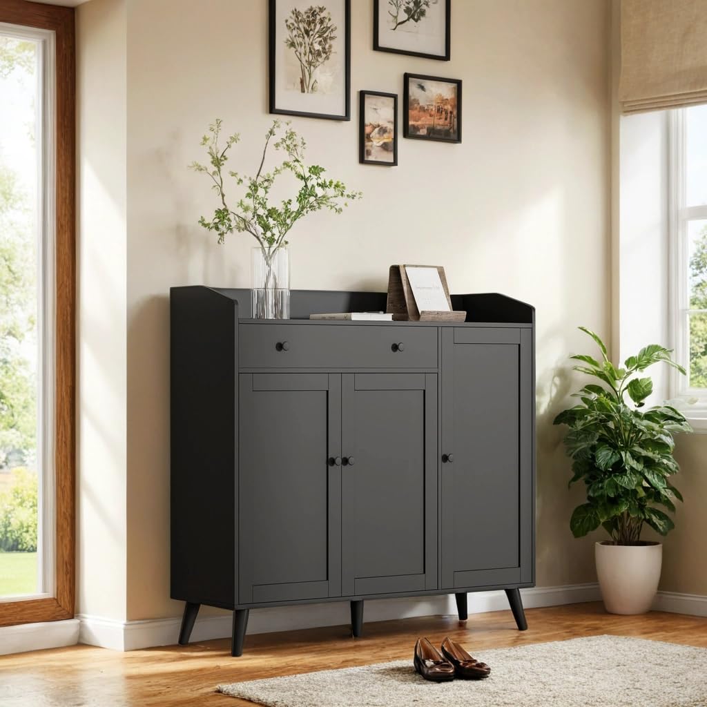 Photo 1 of DIYART Black Large Shoe Cabinet fit up to Shoe Size 16, Shoe Storage Cabinet with 3 Doors and 1 Drawer, Wooden Shoe Organizer for entryway