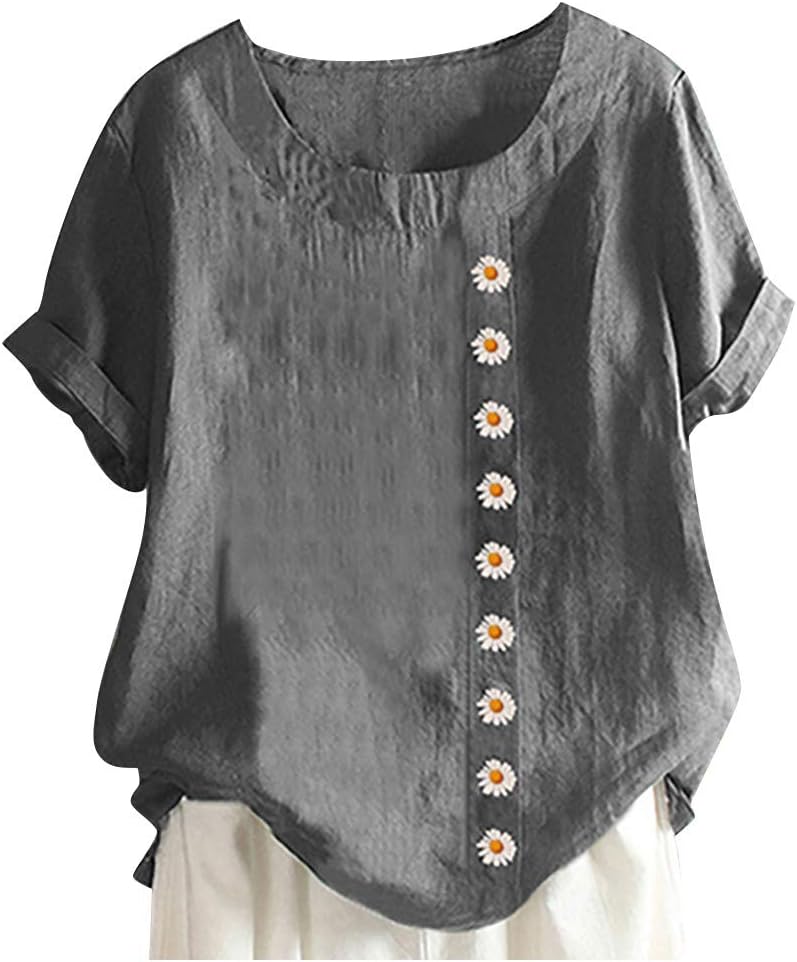 KUDICO Loose Women Short Sleeve Vintage Daisy Floral Print Top Tunic Pullover T-Shirts Casual Summer Linen Shirt Blouse