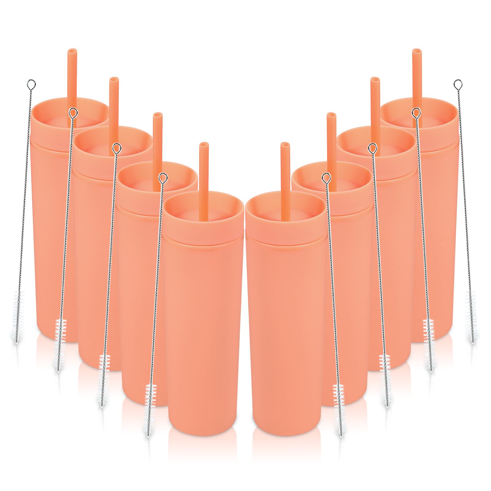 Volhoply 16oz 470ml Plastic Skinny Tumblers with Lid and Straw Bulk | Double Wall | Reusable Iced Coffee Mug | BPA Free | Matte Acrylic Water Cups (Orange,8 Pack)