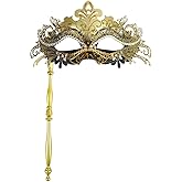 Pretishows Masquerade Mask with Stick Gold and Black Venetian Mardi Gras Decorations Halloween Carnival Costume Mask for Women, Black/Gold