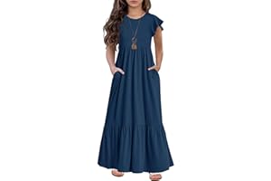 HOSIKA Girls Summer Ruffle Short Sleeve Crew Neck Loose Casual Flowy Tiered Maxi Dress with Pockets for 6-12 Y