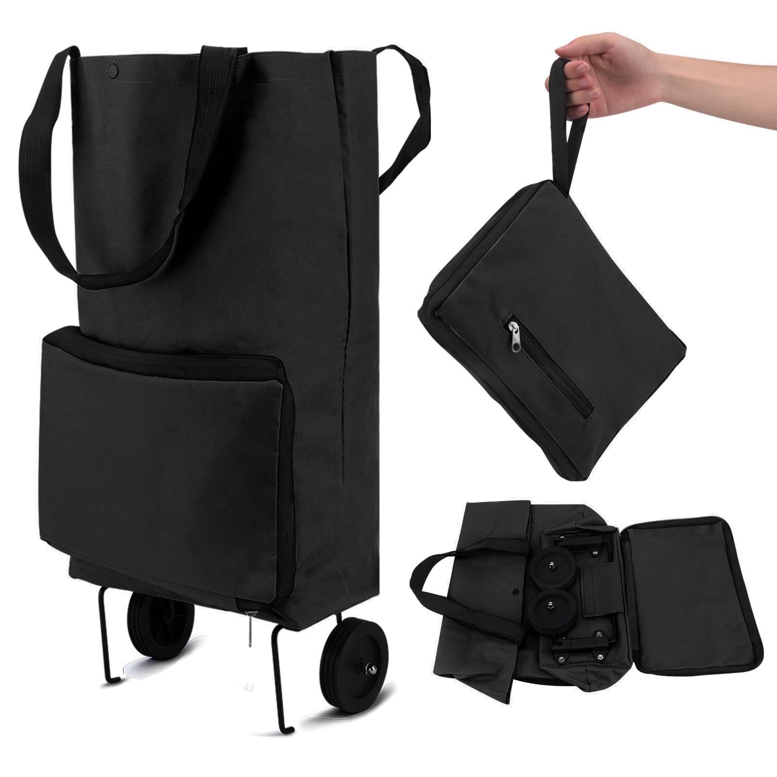 Collapsible Trolley, Folding Shopping Bag with Rubber Wheels - Foldable Shopping Cart, Oxford Cloth Reusable Shopping Bags for Supermarket, Large Capacity (Black)