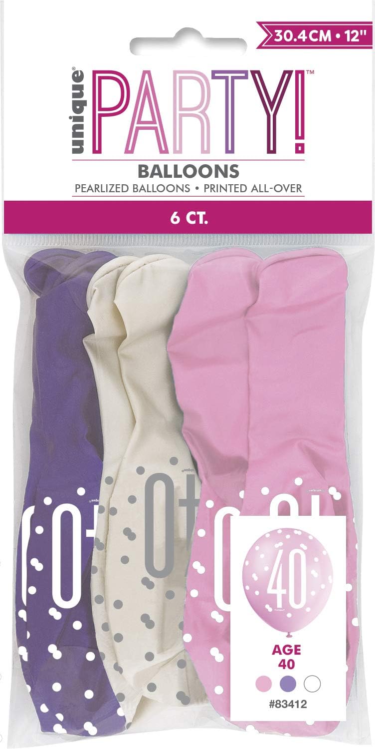 Vibrant 40th Glitz Petal Pink, Spring Lavender & White Latex Balloons (30cm) - Perfect for Birthday Party Decor & More - 6ct