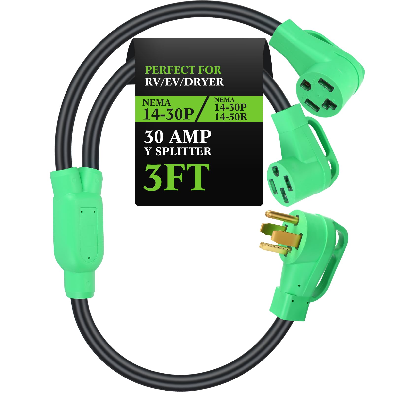 Photo 1 of Kanayu 30 Amp Dryer Y Splitter to RV/EV NEma 14-30P to 14-50R/14-30R Adapter 4 Prong 30 to 50 Amp Y Adapter Cable for EV RV Charging at Dryer Outlet, 250 Volt, 10 AWG 4 Conductors, 3 ft(Green)