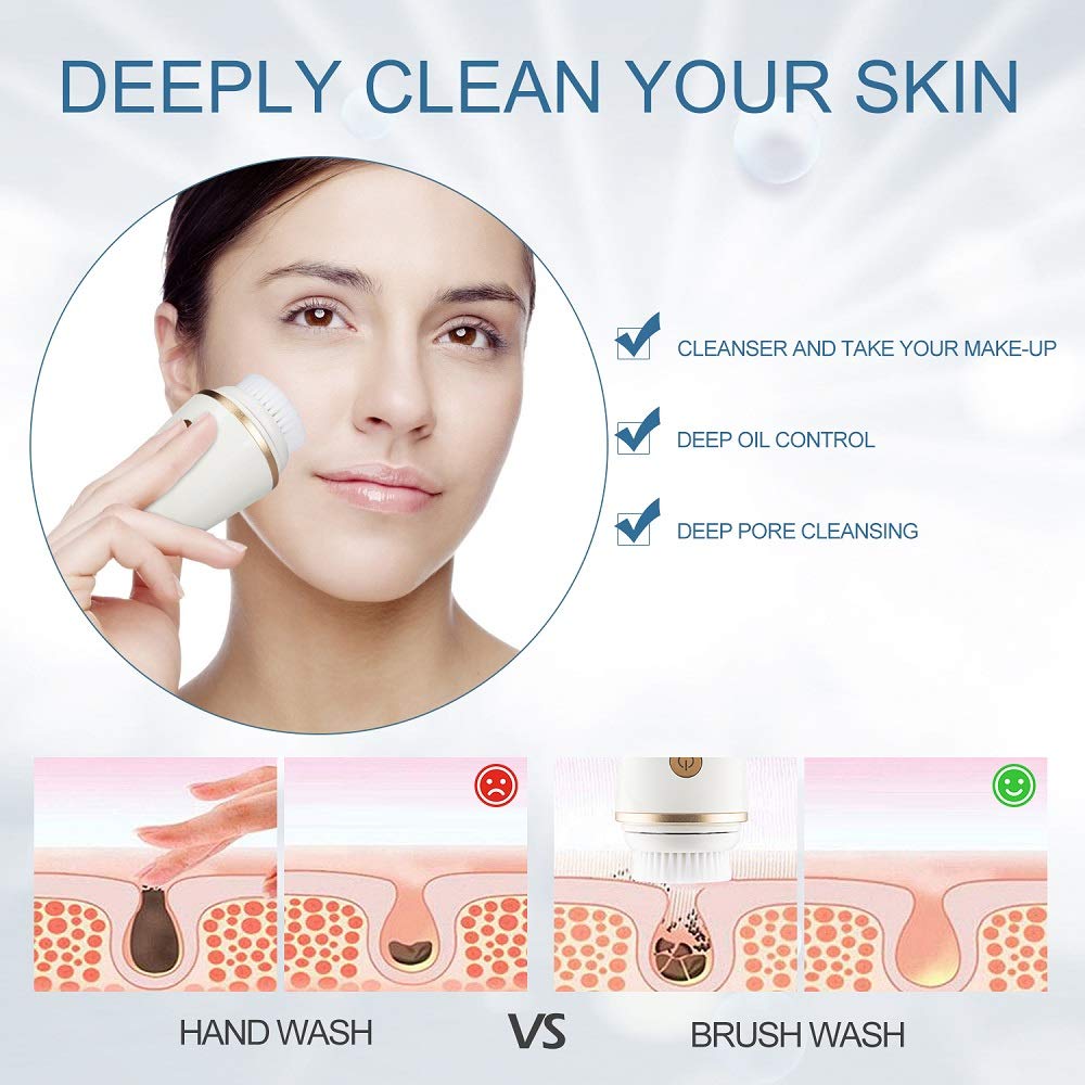 Worthown Facial Cleaning Brush Face Scrubber Electric Rechargeable Face Spin Brush Waterproof Deep Cleansing Face Brush for Cleaning and Exfoliating Pore Cleaner with 2 Brush Heads Replacement (White)
