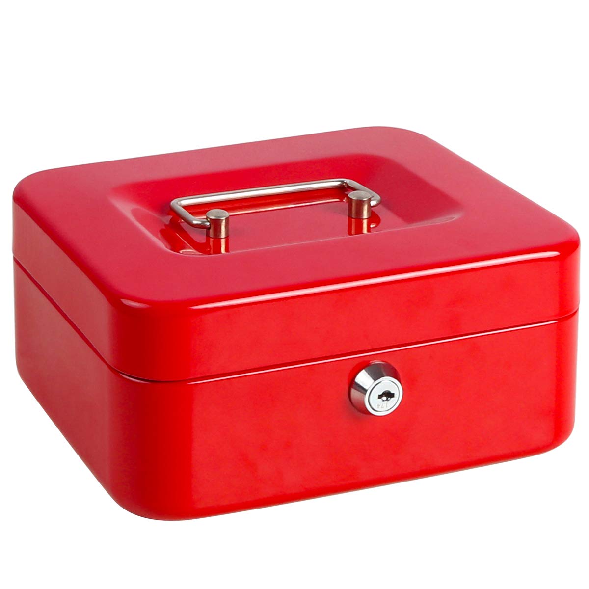 Cash Box with Money Tray, Metal Locking Money Box with Key Lock for Security, 7 4/5" x 6 4/5" x 3 3/5", Red