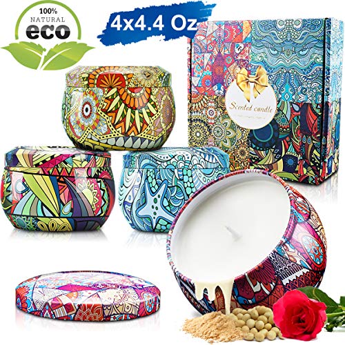 Scented Candles Gift Set, 4.4 Oz Natural Soy Wax Aromatherapy Candles Set for Women, Stress Relief Soy Candles Gifts, Girl Travel Candles in Tins Candles with Pure Essential Oil Women Gifts 4 Pack