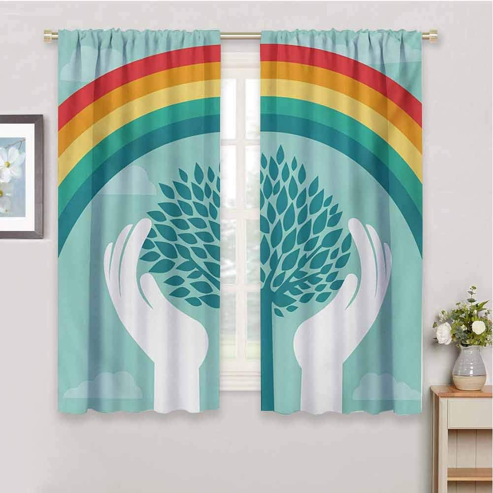 Vintage Rainbow Heat Insulation Curtain Tree Silhouette Between Human Hands Protecting Nature Theme Growth Ecology for Living Room or Bedroom W54 x L63 Inch Multicolor