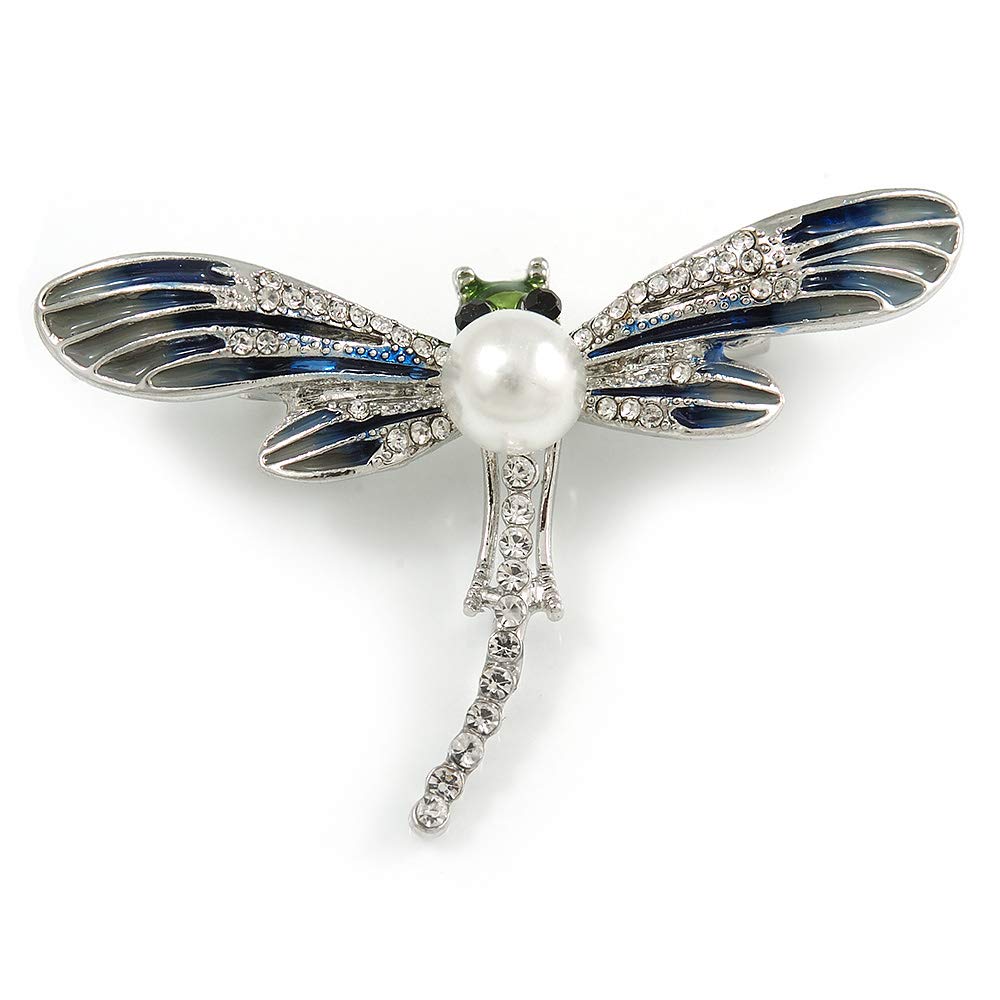 Blue/Grey Enamel Clear Crystal, Faux Pearl Dragonfly Brooch In Silver Tone Metal - 50mm Across