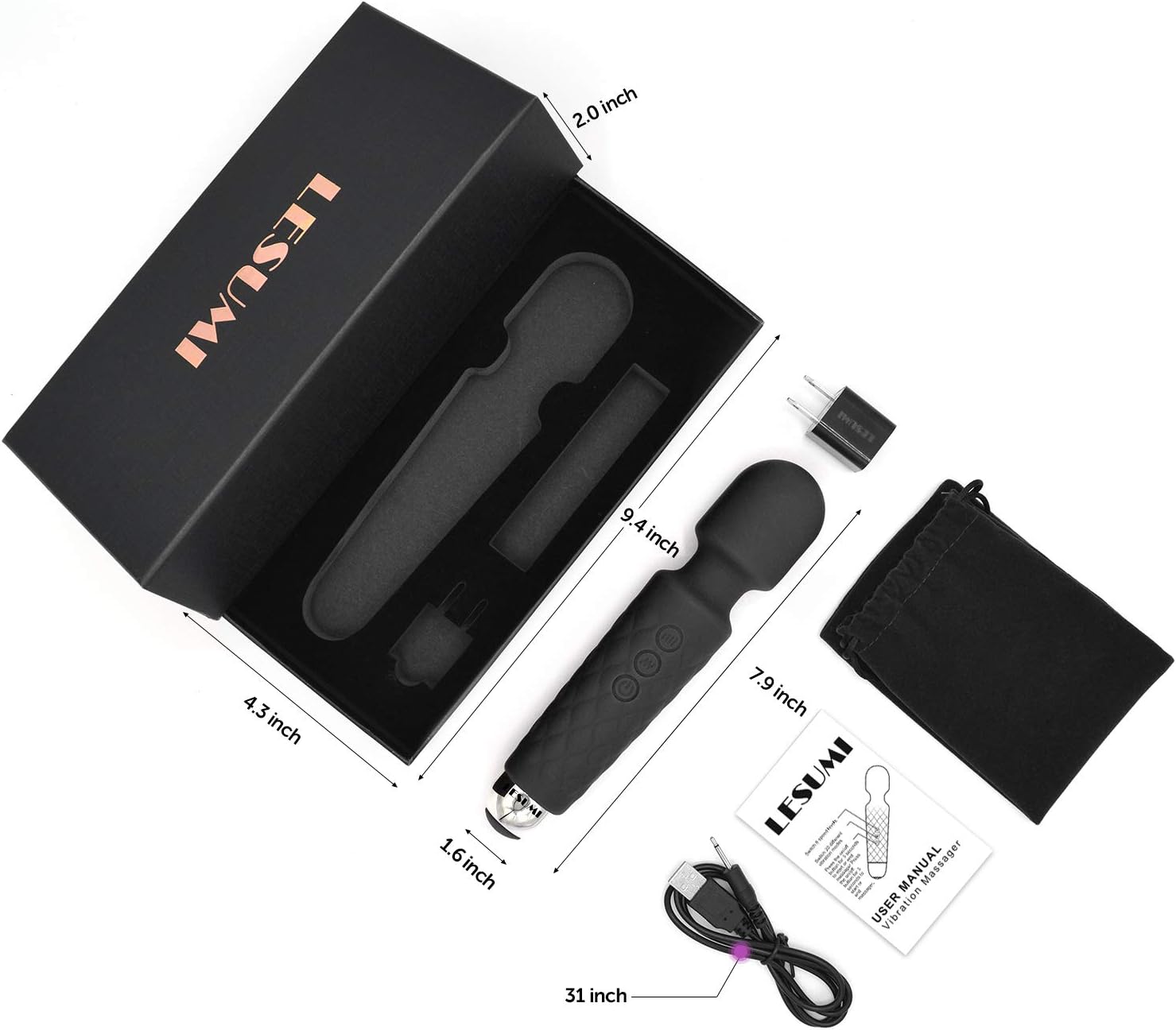 LESUMI Upgraded Personal Wand Massager with Memory - Premium with 8 Speeds 20 Patterns and One-Click Recovery - Mini Handheld Powerful Rechargeable for Neck Back Stress Relief Relax Muscles (Black): Health & Personal Care