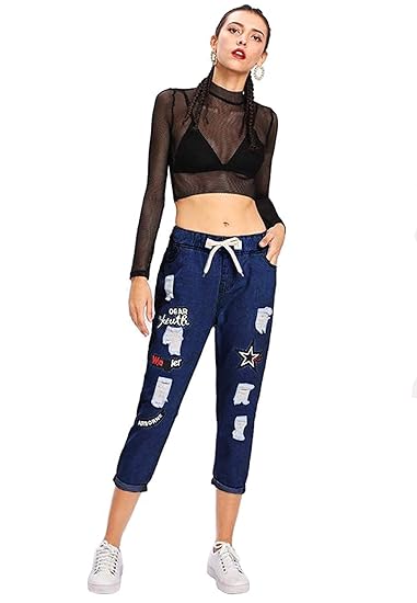 ripped cuffed offset printing jeans