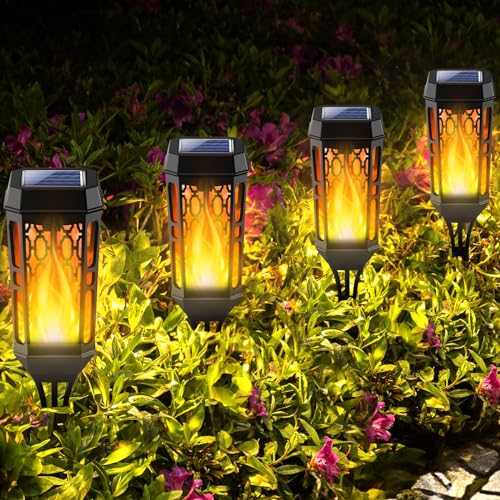 Solar Torch Flame Lights, LED Solar Lights Outdoor with Flickering Flame, IP65 Waterproof Solar Pathway Lights Landscape Decoration Lighting for Garden Lawn Patio Yard Outdoor Decorations (6 Pack)