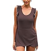 Aleumdr Women's One Piece Swimdress Ruffle V Neck Swimsuit Modest Tummy Control Slimming Bathing Suit with Skirt