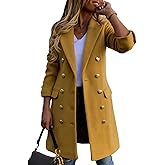 xxxiticat Women's Double Breasted Trench Coat Notched Lapel Winter Pea Coat Warm Yellow Wool Blend Suit Jacket Overcoat