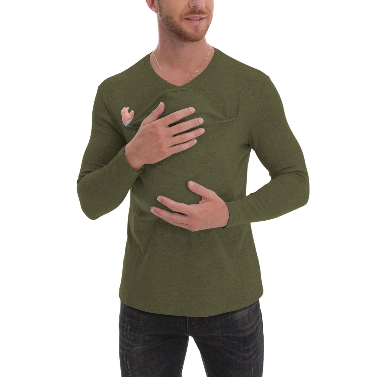 Photo 1 of HyabDiop Kangaroo Shirt for Dad and Baby, V Neck Long Sleeve T Shirt for Men Mens Baby Carrier Shirt-Green-M