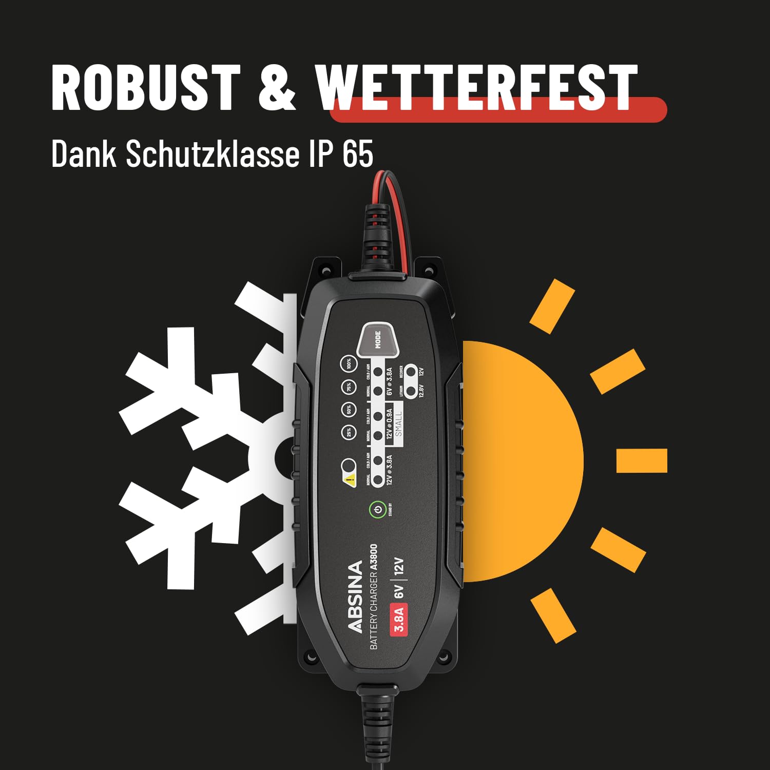 ABSINA 3,8 A Batterieladegerät KFZ für 6V & 12V Blei Batterie bis 120Ah & 12,8V Lithium - Ladegerät Autobatterie - AGM Ladegerät 12V für Auto Motorrad Wohnwagen - Erhaltungsladegerät 7