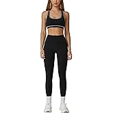 ABOCIW Womens Two Piece Workout Sets Contrast trim Racerback Sports Bra High Waist Leggings Gym Sets