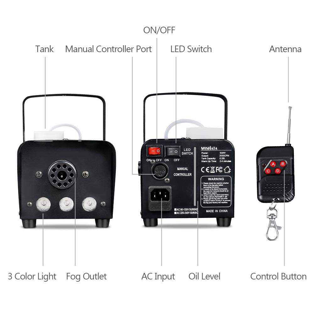 Halloween Fog Machine - MOSFiATA 500W Professional Multi-color Smoke Machine with 3 LED Lights ON/OFF and Wireless Remote Control, 2000 CFM Huge Fog for Holidays Parties Weddings Stages etc.