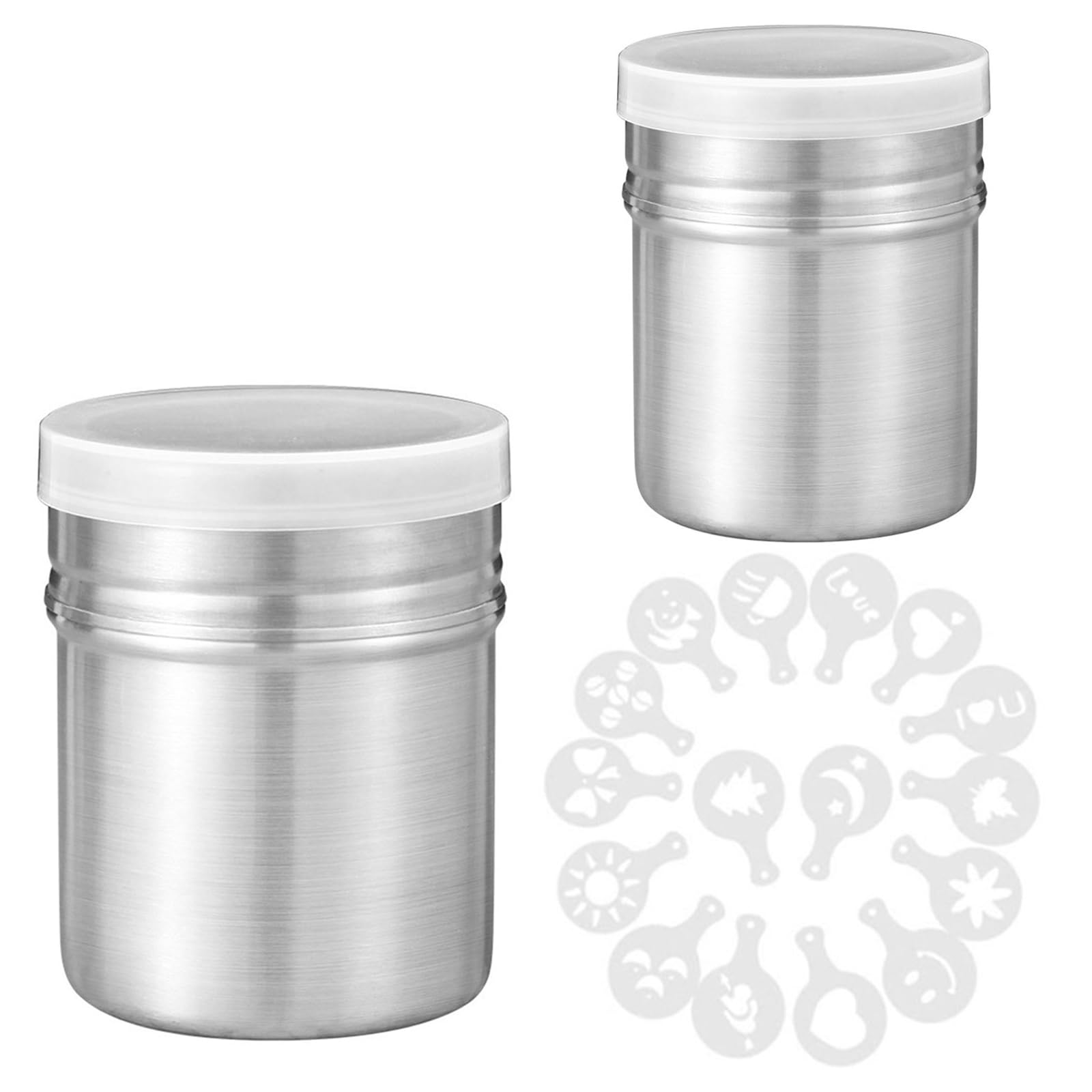 HAPPOW Powdered Sugar Shaker and Cocoa Shaker for Cappuccino, 2 Pieces Duster Sugar Shaker, Hand Shaker Powder Distributor Made of Stainless Steel, with 16 Coffee Templates
