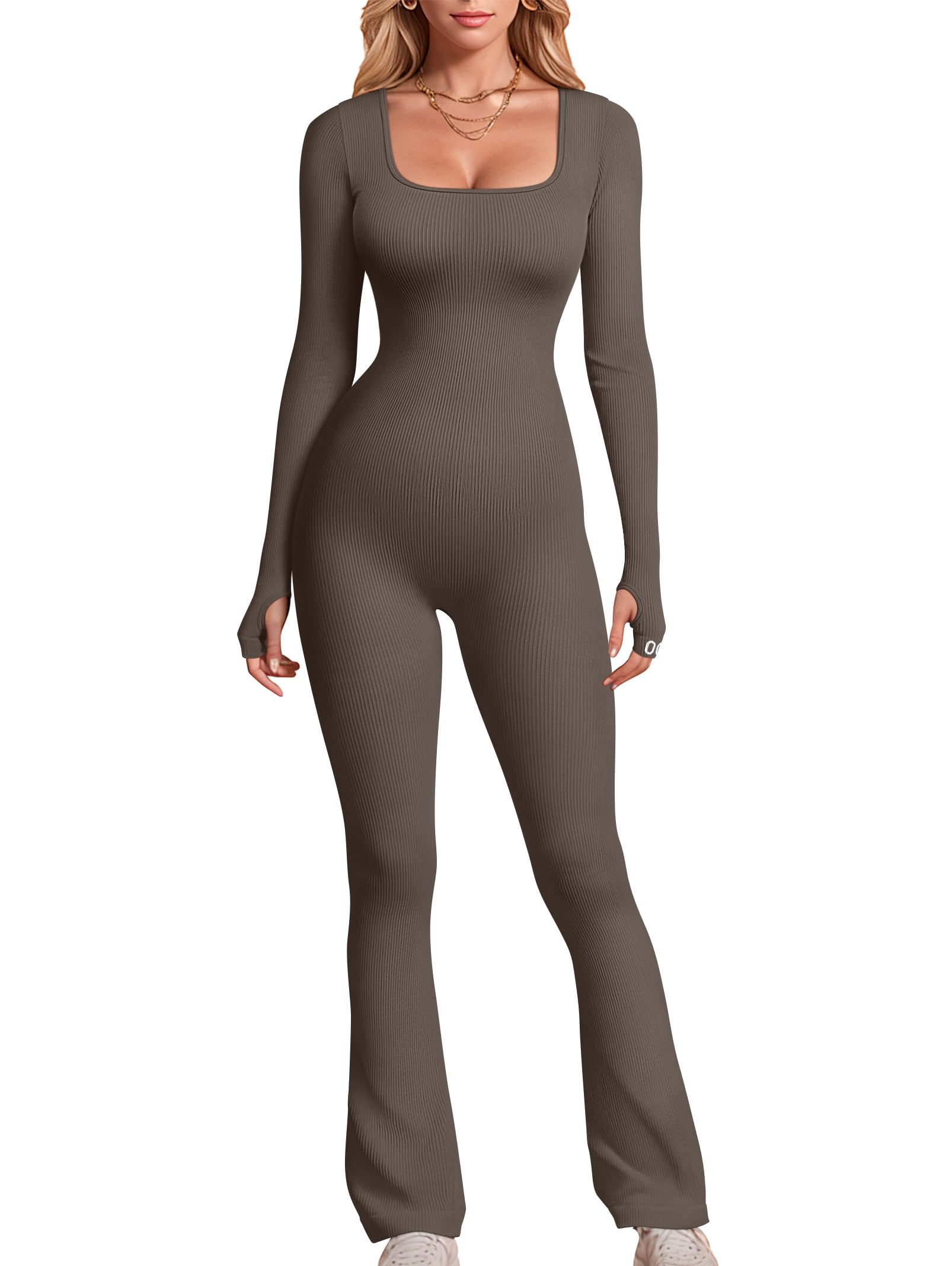 OQQ Women Yoga Jumpsuits Ribbed Square Neck Long Sleeve Bell Bottoms