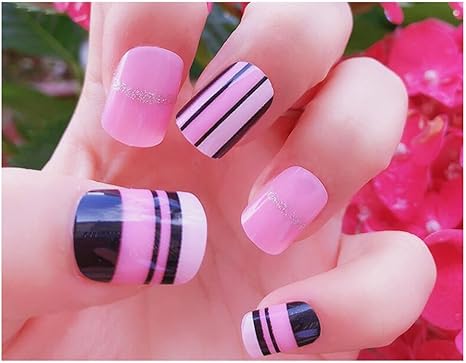Amazon Luckyshd 24個 フルカバー フェイクネイルチップ ブラックとピンクのストライプ 装飾 ネイルアート 枕 抱き枕 オンライン通販