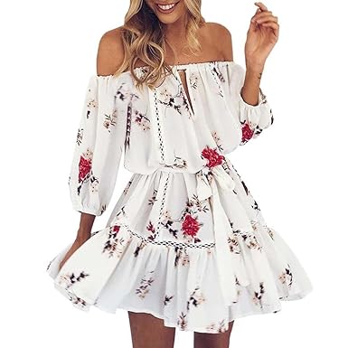 Damen Kleid?Dragon868? Schulterfreies Blumendruck Sommerkleid Party Strand Kurzes Minikleid Damen Boho Casual Kleid