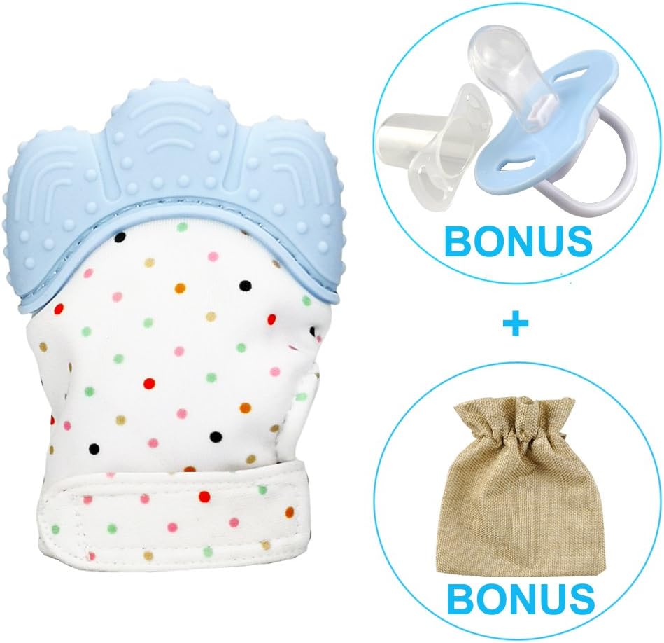Gakli Baby Teething Mitten for Babies Self-Soothing Pain Relief Food Grade Silicone Teething Toy Glove, Sound Teething Mitten Glove with Travel Bag and Pacificer (Blue)