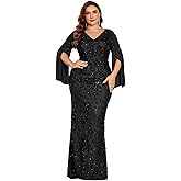 BluePlum Plus Size Formal Dresses for Women with Embroidery Sequin and Cape Sleeve, V-Neck Maxi Dress for Wedding and Party