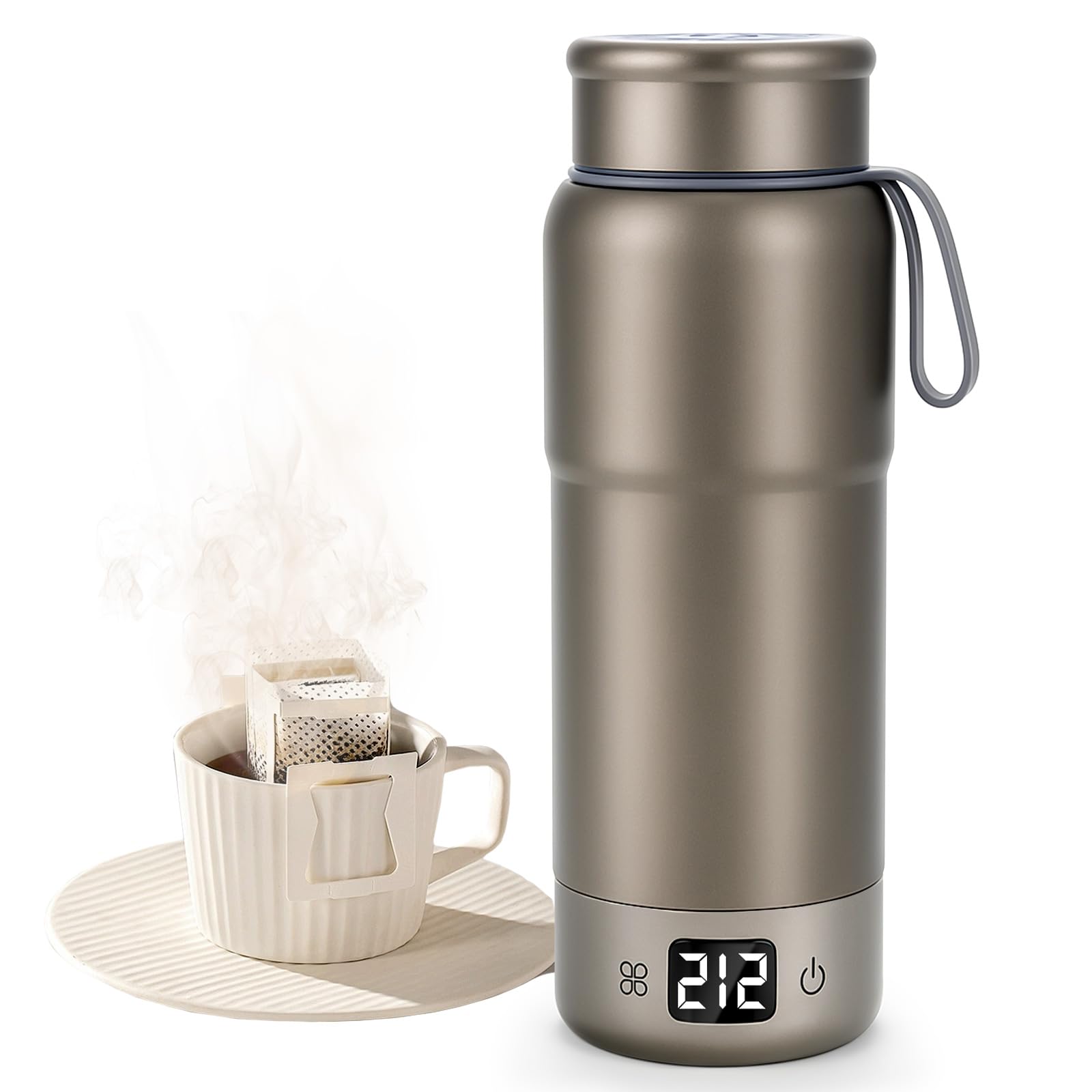 Hervidor de viaje de titanio puro, hervidor eléctrico portátil de doble voltaje, 110 V-240 V, caldera de agua pequeña inteligente para té y café, 12 controles de temperatura, apagado automático y protección de ebullición en seco (gris, 520 ml)