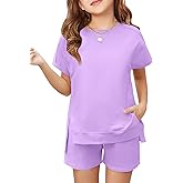 Haloumoning Girls 2 Piece Summer Outfits Kids Short Sleeve T-Shirts and Elastic Waist Shorts Clothing Sets