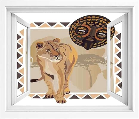 Amazon サファリ 絵画風 Pvc壁紙ポスター 100x70 Cm アフリカの部族のアイコン民族パターン野生自然アートイラスト 窓の景色 目の保養 癒し 気分転換 タイガークリームベージュブラウン ウォールステッカー オンライン通販