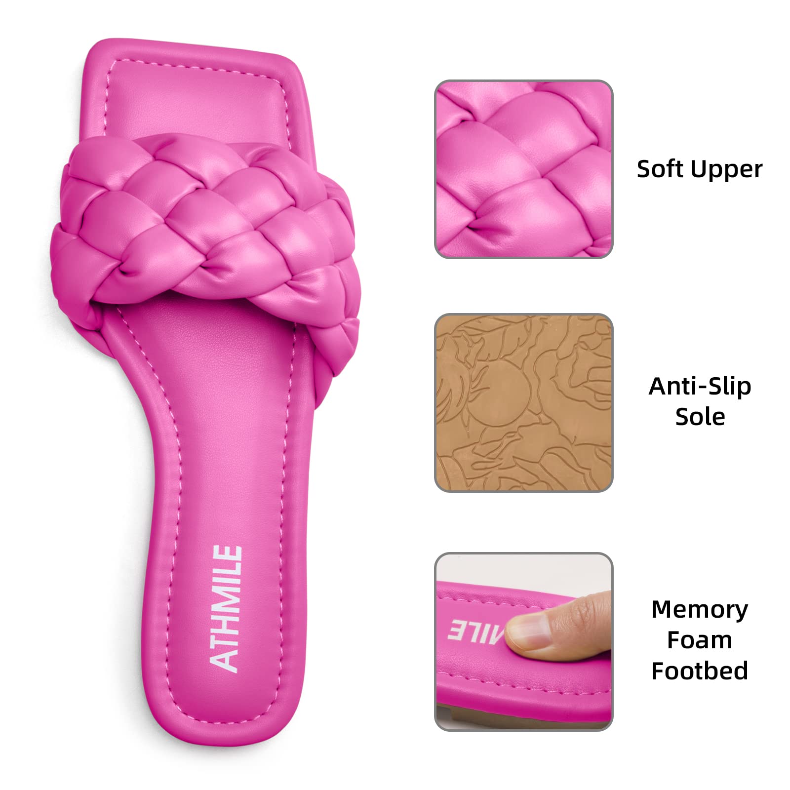 ATHMILE Braided Womens Sandals Square Open Toe Fashion Slide Sandals Women Dressy Summer Flat Beach 2025 Size 6-11