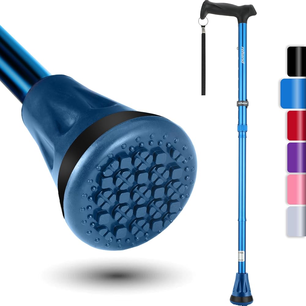Rehand All Terrain Folding Walking Stick Blue 8 Adjustable Heights Pivot Tip