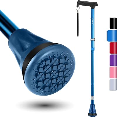 Rehand All Terrain Folding Walking Stick Blue 8 Adjustable Heights Pivot Tip