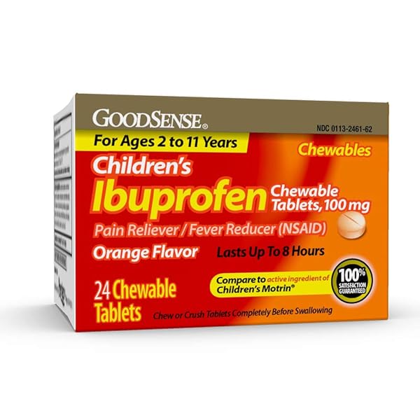 GOODSENSE CHILDREN’S IBUPROFEN CHEWABLE TABLETS, 100 MG, 24 COUNT, PAIN RELIEVER AND FEVER REDUCER (NSAID), TEMPORARILY REDUCES FEVER AND RELIEVES MINOR ACHES AND PAIN