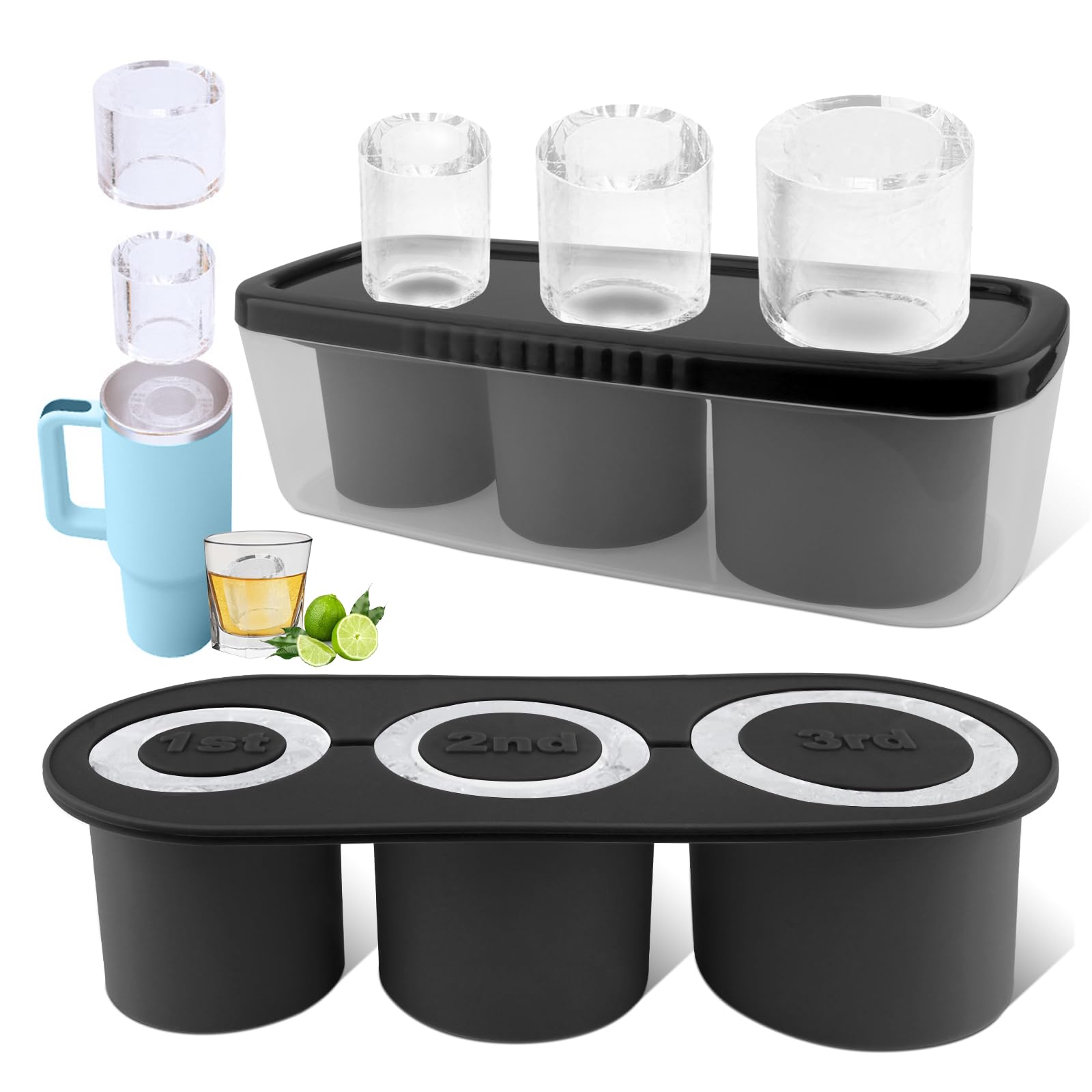 Photo 1 of Tcamp Ice Mold for 30-40 oz Tumbler Cup, Silicone Ice Cube Tray With Lid and Bin for Freezer, Ice Ring Ice Maker for Chilling Cocktails, Whiskey, Drinks, Coffee, Easy Fill and Release (Black)
